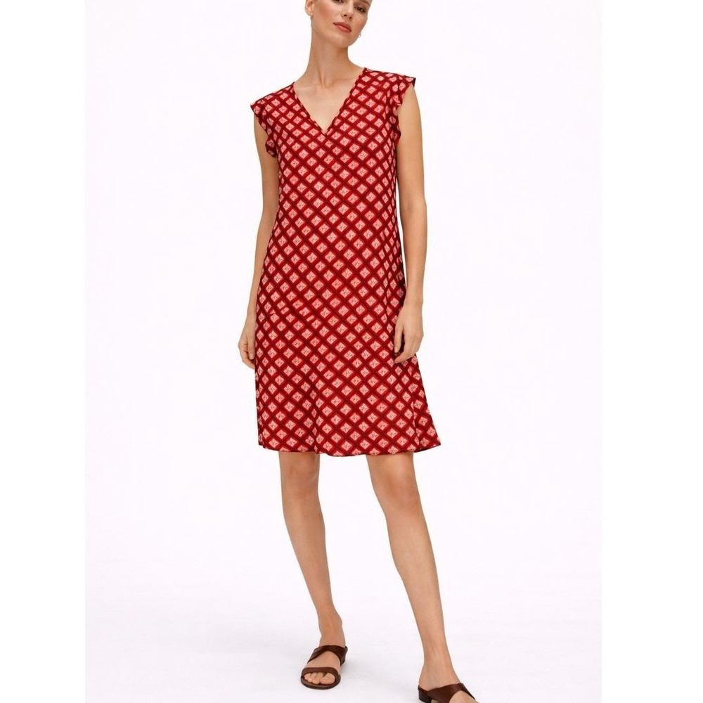LOFT Red Geometric Floral Rayon Flutter Sleeve Shift Dress XS